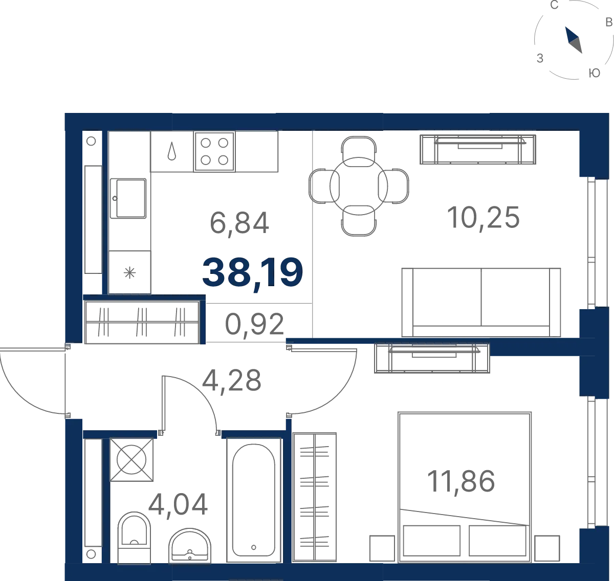 Планировка квартиры №3.22.3 в проекте Атлас Юник Дом 3 1-комнатная 38.2 м² 22 этаж