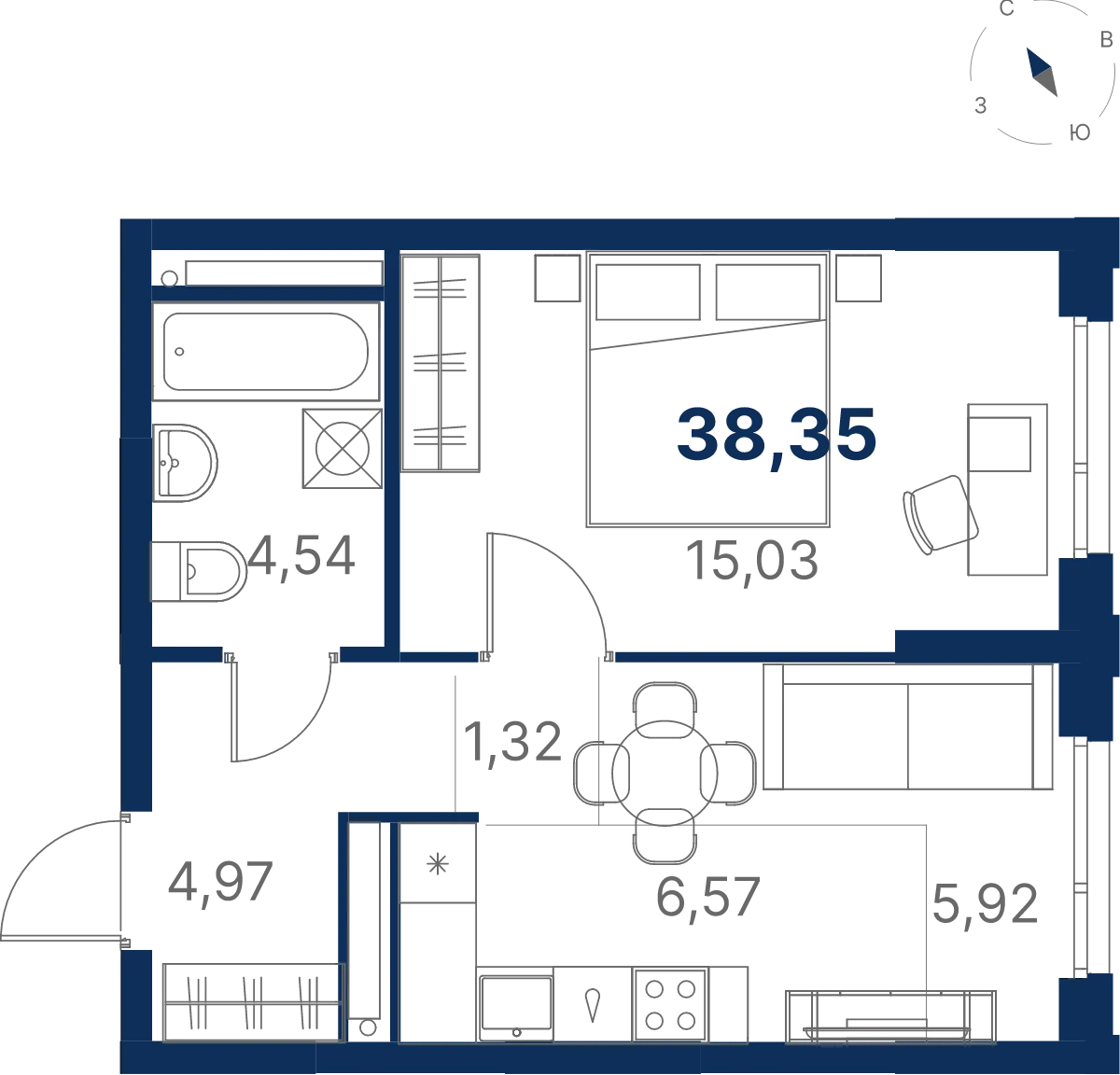 Планировка квартиры №3.4.2 в проекте Атлас Юник Дом 3 1-комнатная 38.34 м² 4 этаж