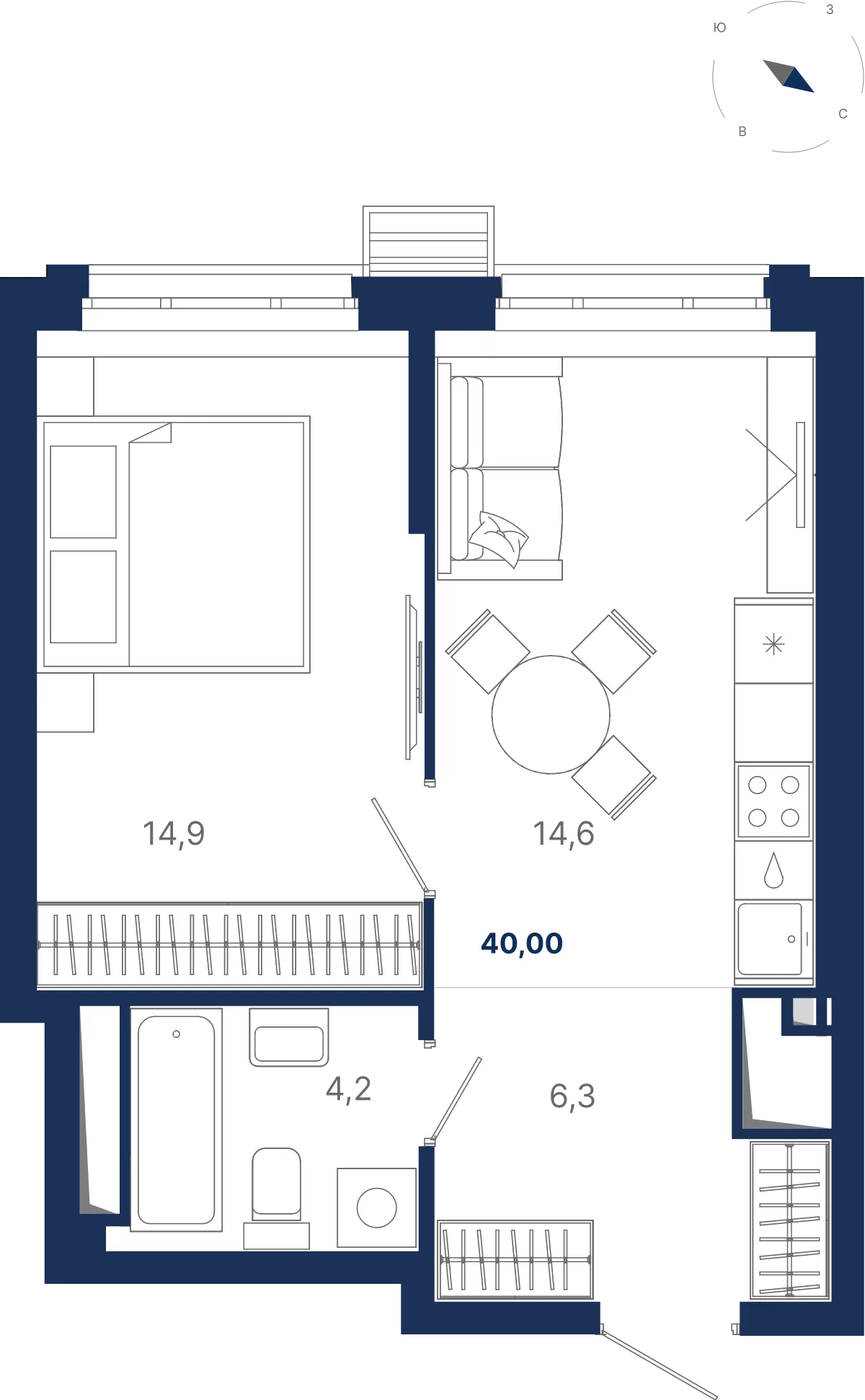 Планировка квартиры №3.21.9 в проекте Атлас Ауро Дом 3 1-комнатная 40 м² 21 этаж