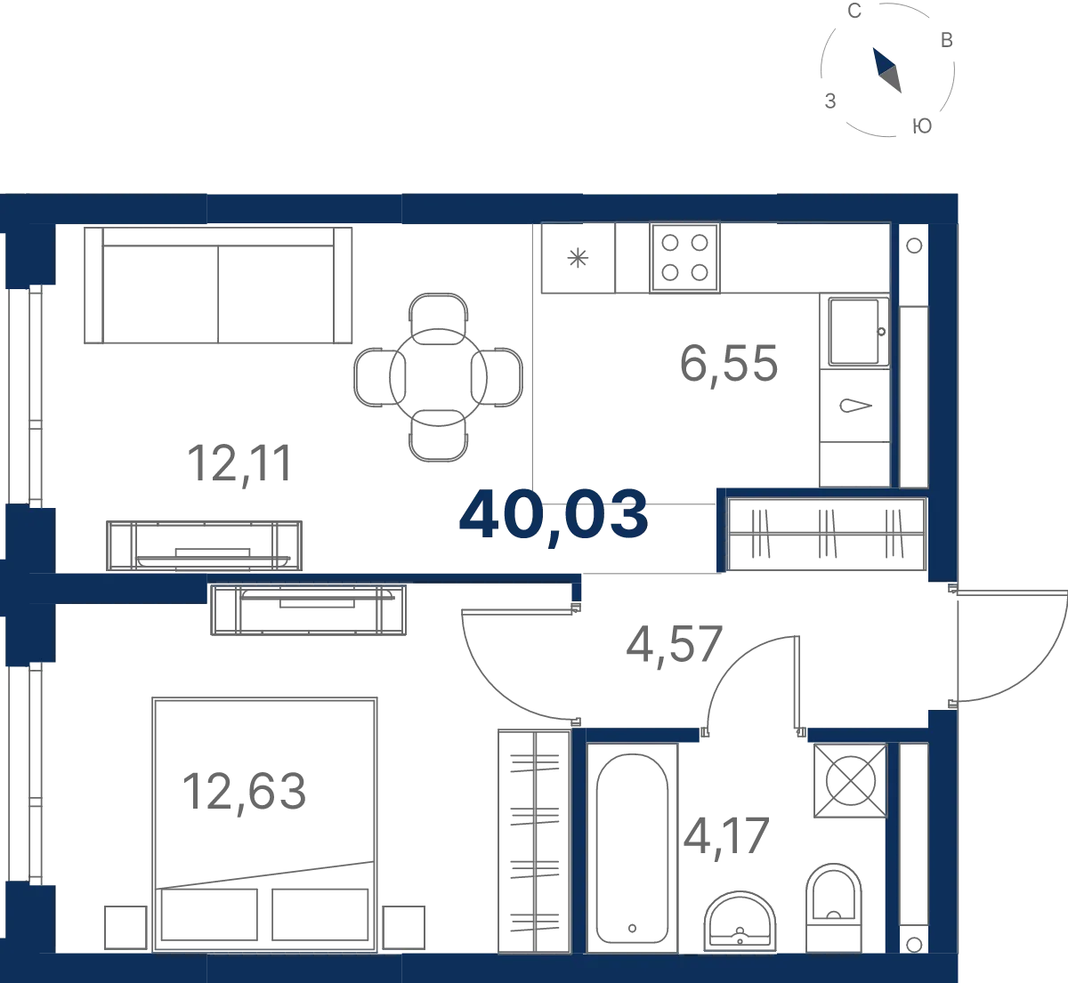 Планировка квартиры №3.24.11 в проекте Атлас Юник Дом 3 1-комнатная 40.04 м² 24 этаж