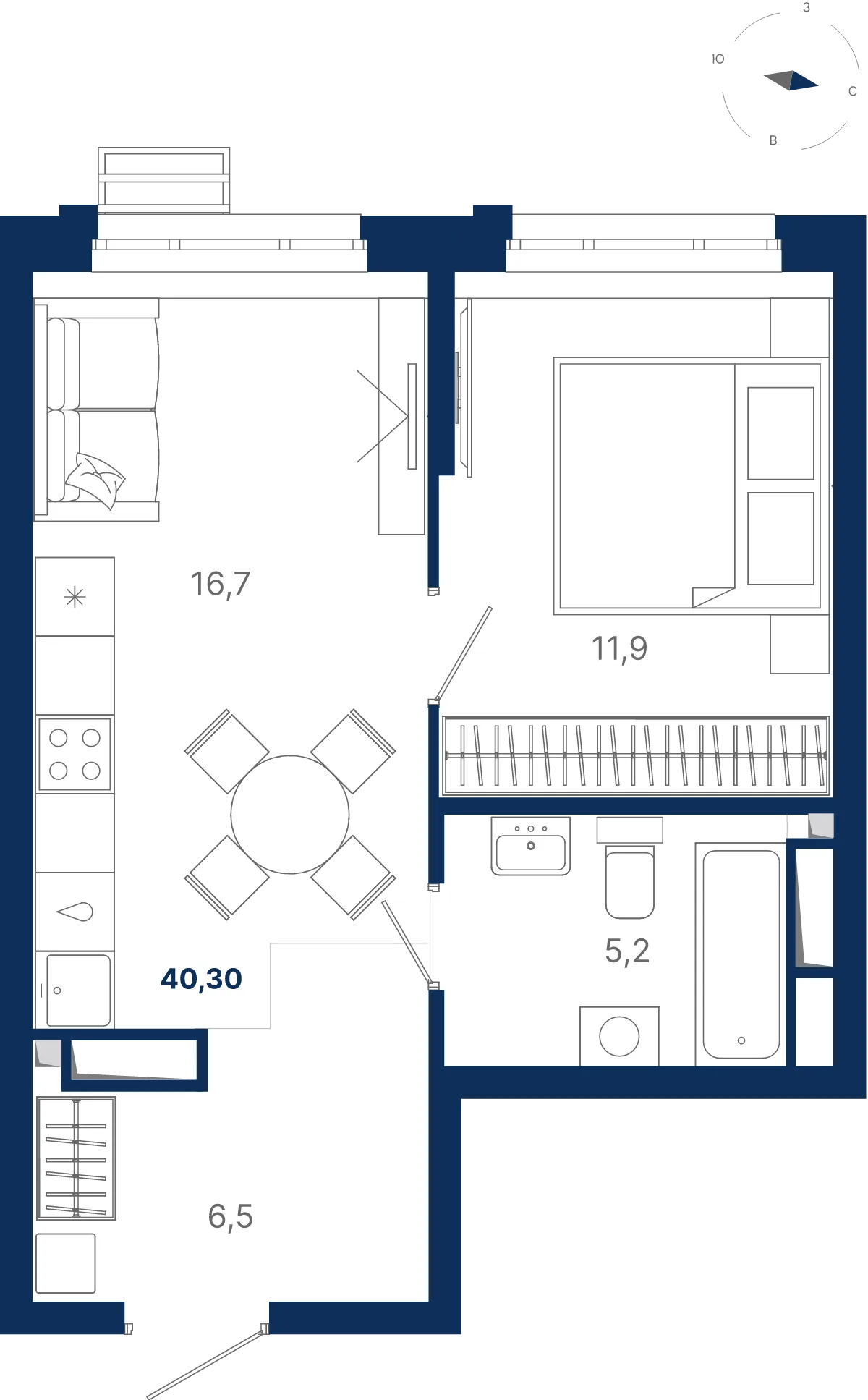 Планировка квартиры №2.18.10 в проекте Атлас Ауро Дом 2 1-комнатная 39.7 м² 18 этаж