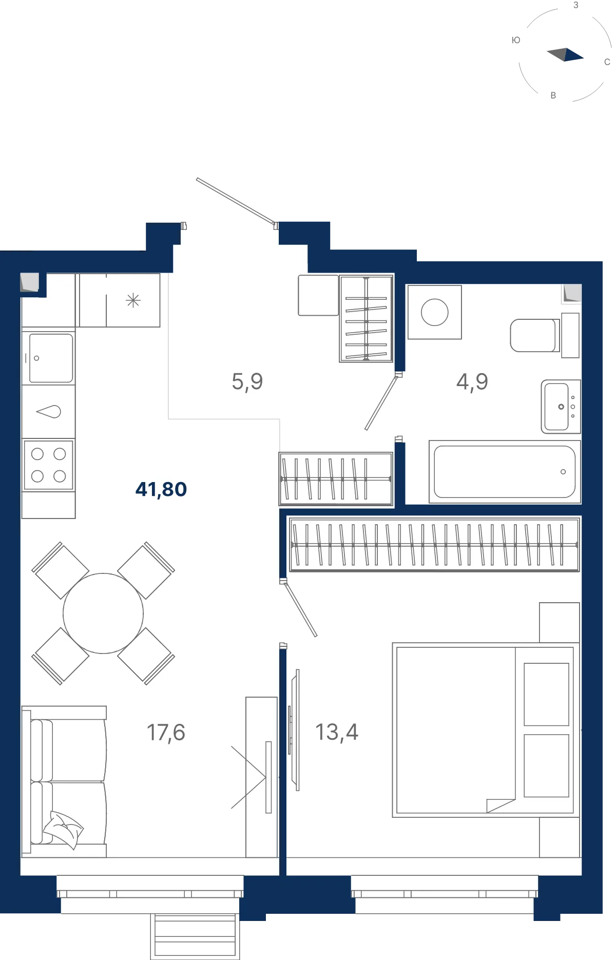 Планировка квартиры №1.14.2 в проекте Атлас Ауро Дом 1 1-комнатная 40.5 м² 14 этаж
