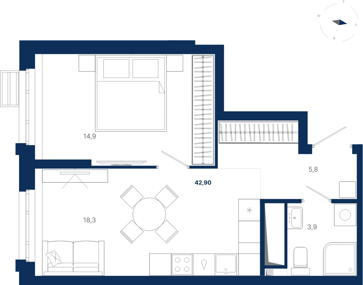 Планировка квартиры №2.19.6 в проекте Атлас Ауро Дом 2 1-комнатная 42.9 м² 19 этаж