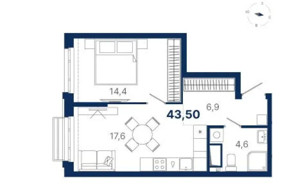 Планировка квартиры №1.2.4 в проекте Атлас Ауро Дом 1 1-комнатная 44.3 м² 2 этаж