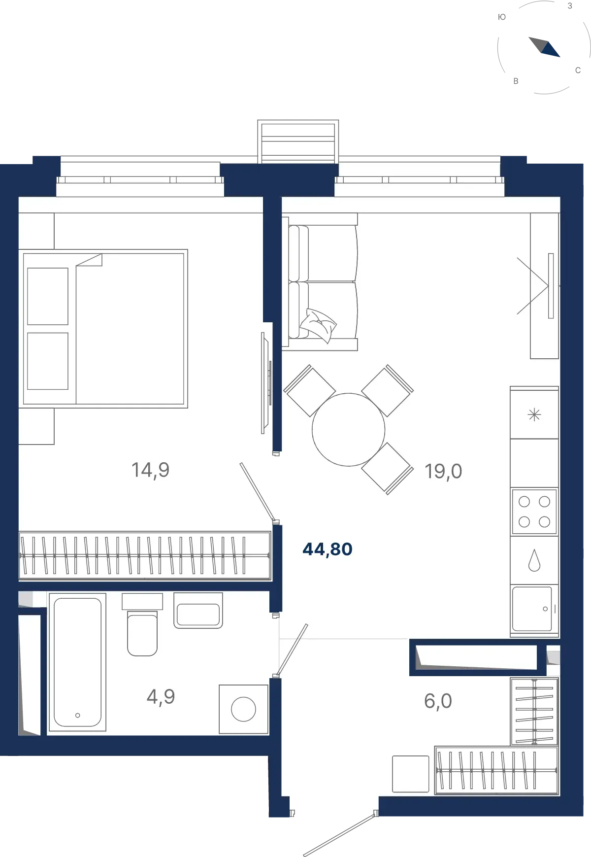 Планировка квартиры №3.22.1 в проекте Атлас Ауро Дом 3 1-комнатная 44.8 м² 22 этаж