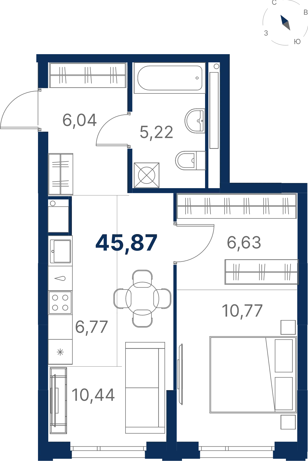 Планировка квартиры №3.14.7 в проекте Атлас Юник Дом 3 1-комнатная 45.94 м² 14 этаж