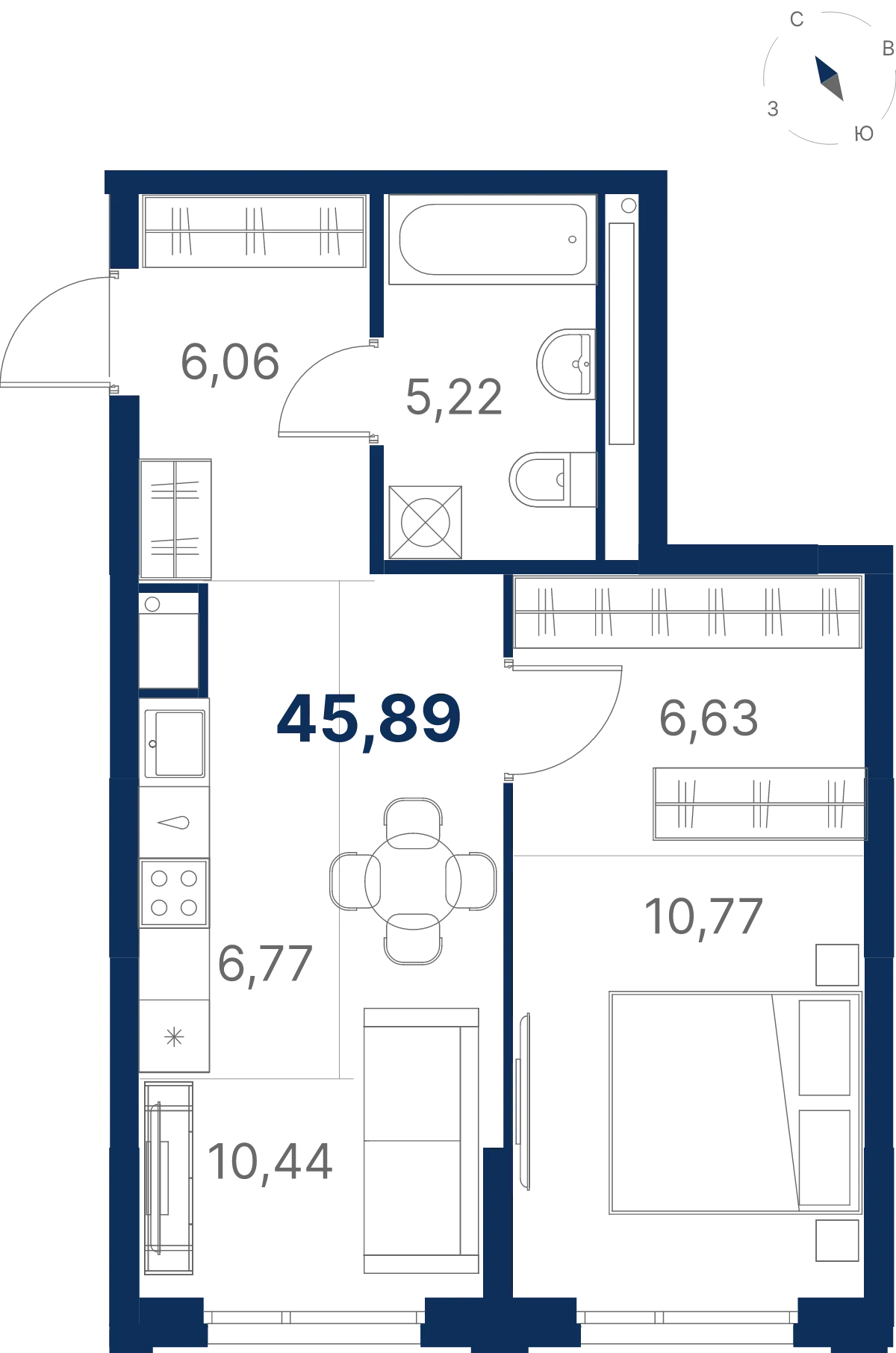 Планировка квартиры №3.21.7 в проекте Атлас Юник Дом 3 1-комнатная 45.97 м² 21 этаж
