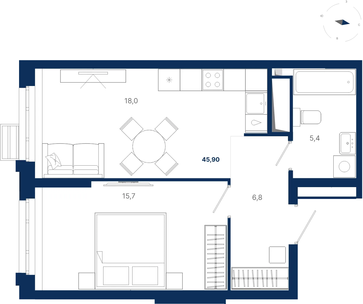 Планировка квартиры №2.19.5 в проекте Атлас Ауро Дом 2 1-комнатная 45.9 м² 19 этаж