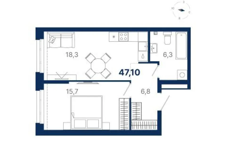 Планировка квартиры №1.2.3 в проекте Атлас Ауро Дом 1 1-комнатная 47.1 м² 2 этаж