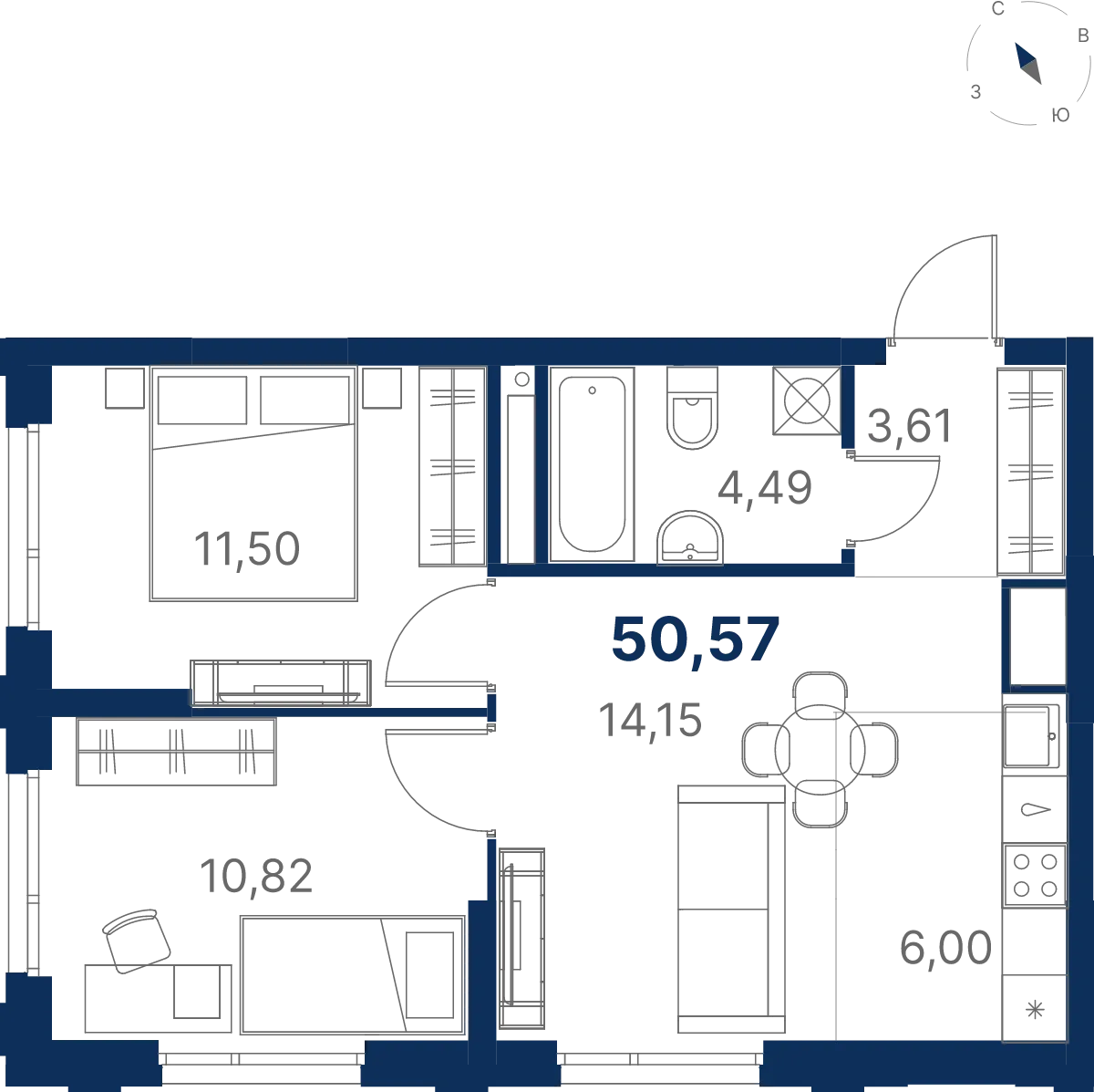 Планировка квартиры №3.25.8 в проекте Атлас Юник Дом 3 2-комнатная 50.57 м² 25 этаж