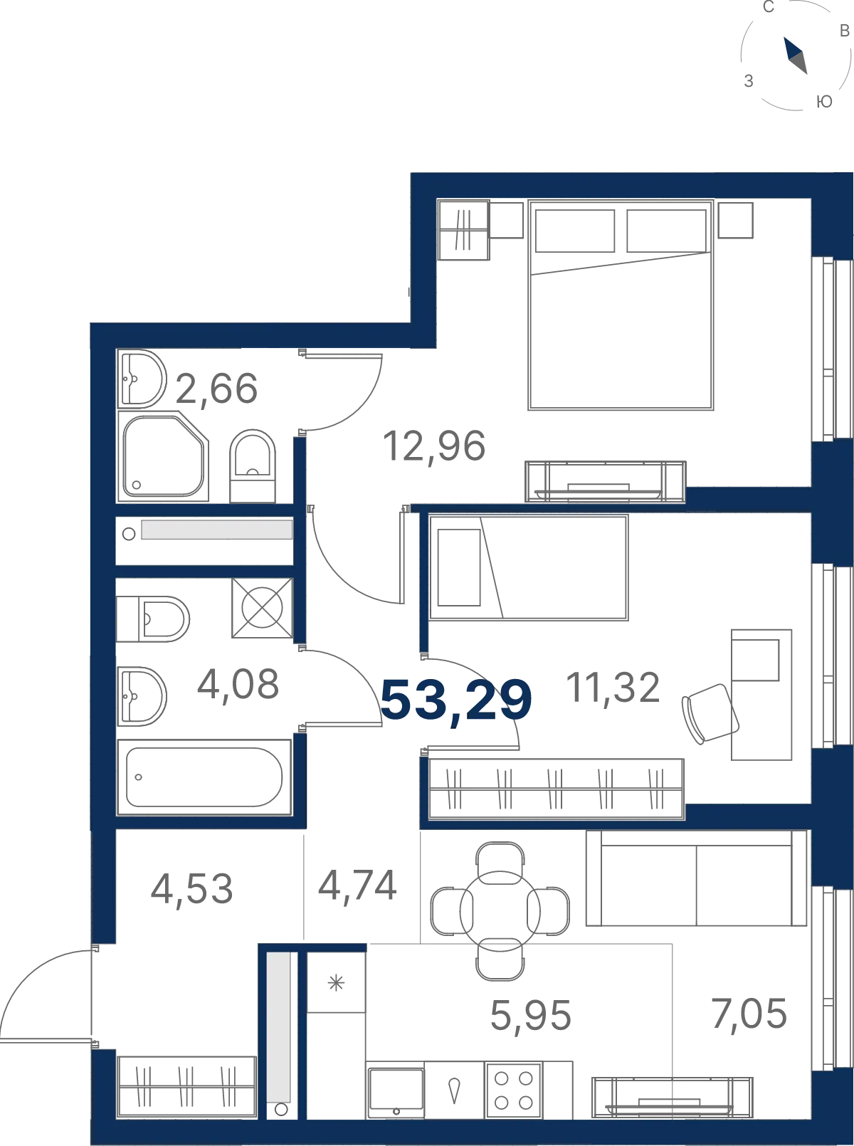 Планировка квартиры №3.22.2 в проекте Атлас Юник Дом 3 2-комнатная 53.29 м² 22 этаж