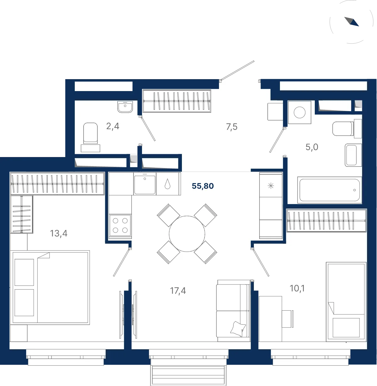 Планировка квартиры №3.10.7 в проекте Атлас Ауро Дом 3 2-комнатная 55.8 м² 10 этаж