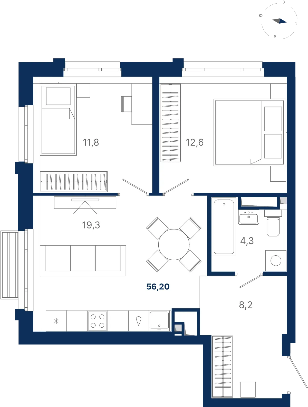 Планировка квартиры №2.19.7 в проекте Атлас Ауро Дом 2 2-комнатная 55.6 м² 19 этаж