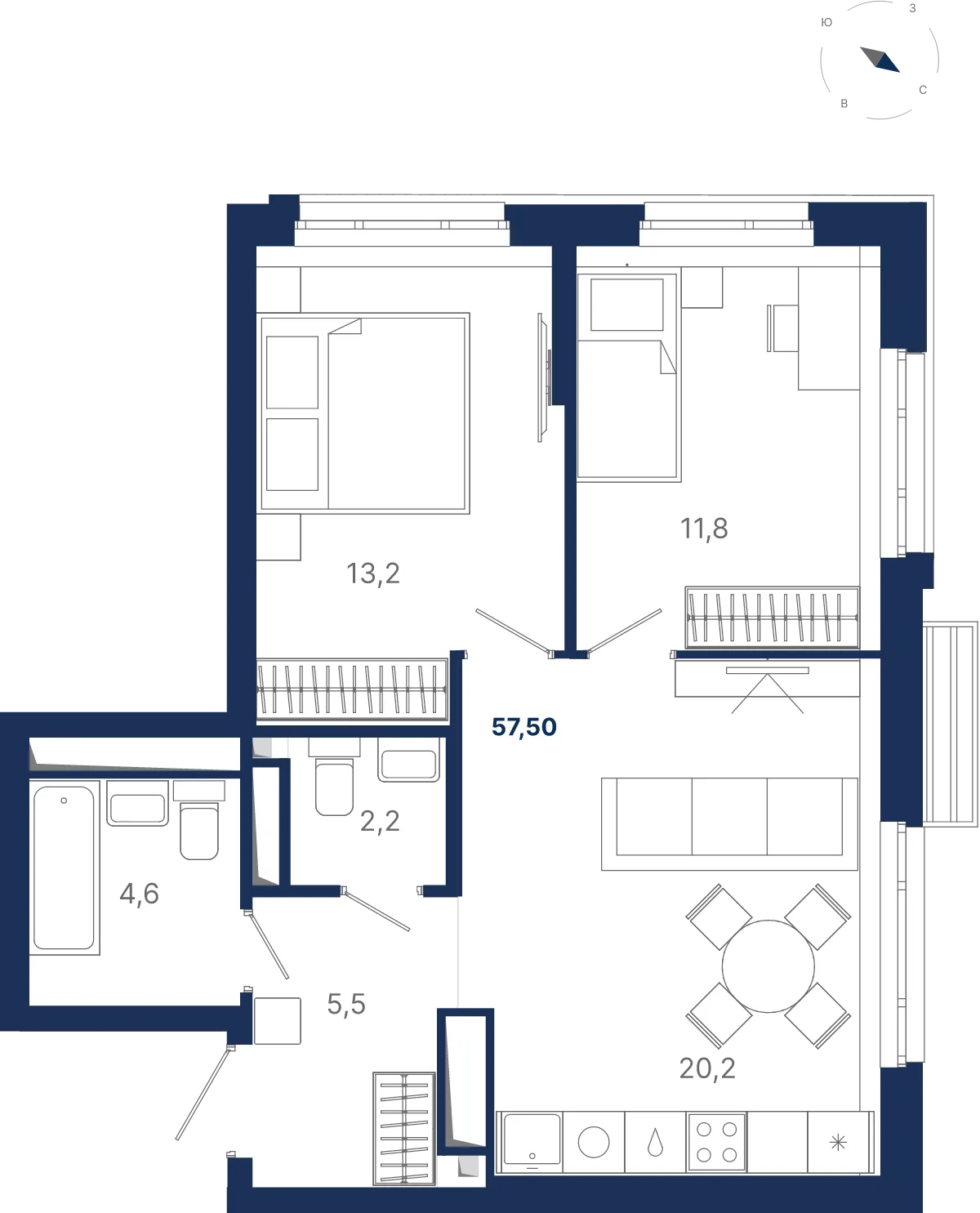 Планировка квартиры №3.22.3 в проекте Атлас Ауро Дом 3 2-комнатная 57.5 м² 22 этаж