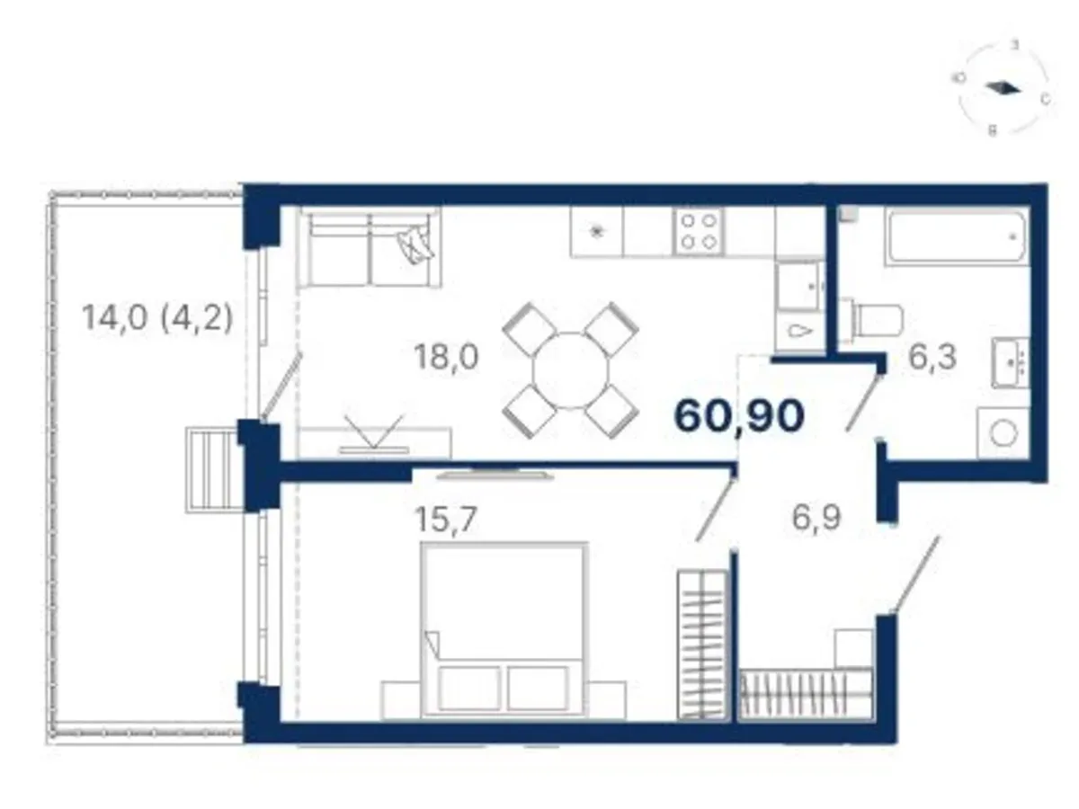 Планировка квартиры №2.3.5 в проекте Атлас Ауро Дом 2 1-комнатная 60.9 м² 3 этаж