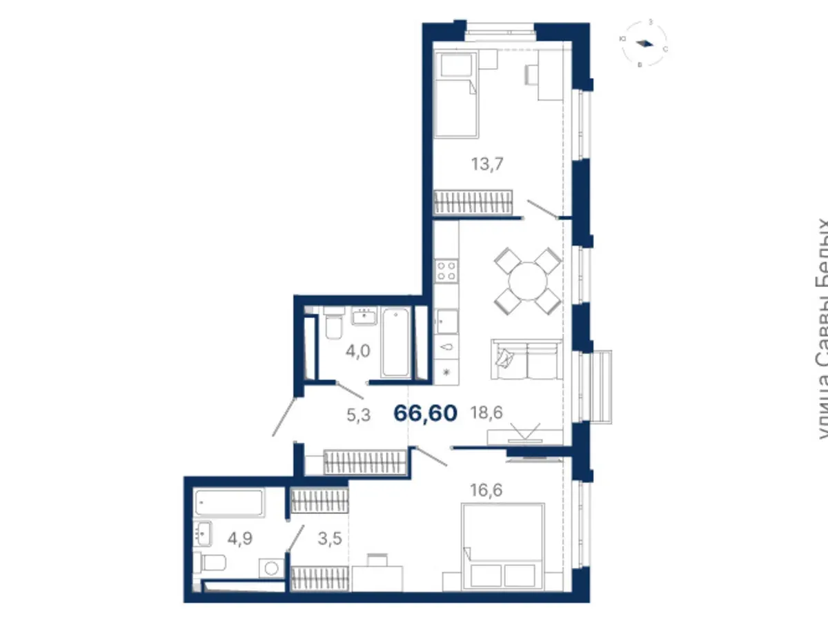 Планировка квартиры №1.16.11 в проекте Атлас Ауро Дом 1 2-комнатная 66.6 м² 16 этаж