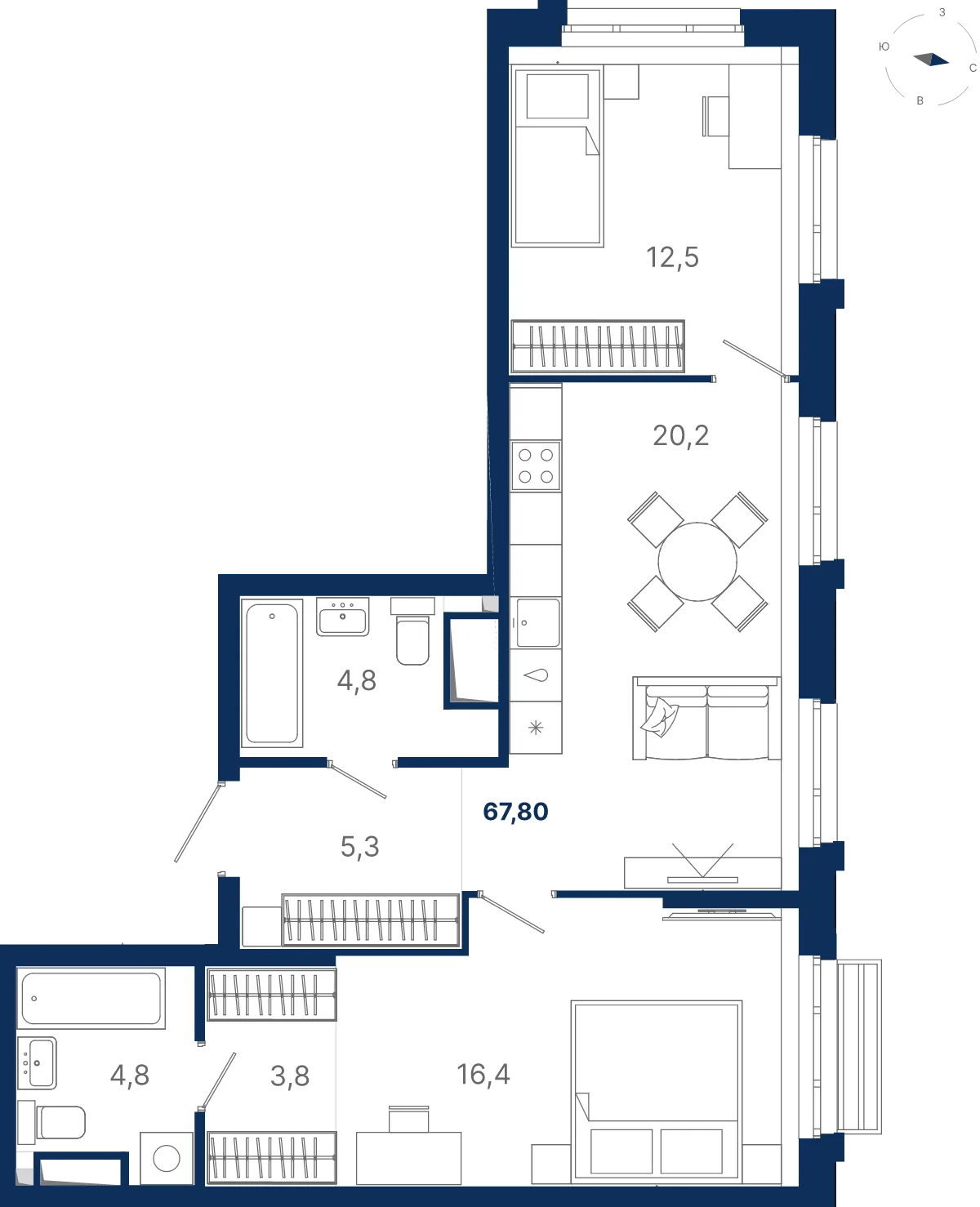 Планировка квартиры №2.13.11 в проекте Атлас Ауро Дом 2 2-комнатная 67.8 м² 13 этаж