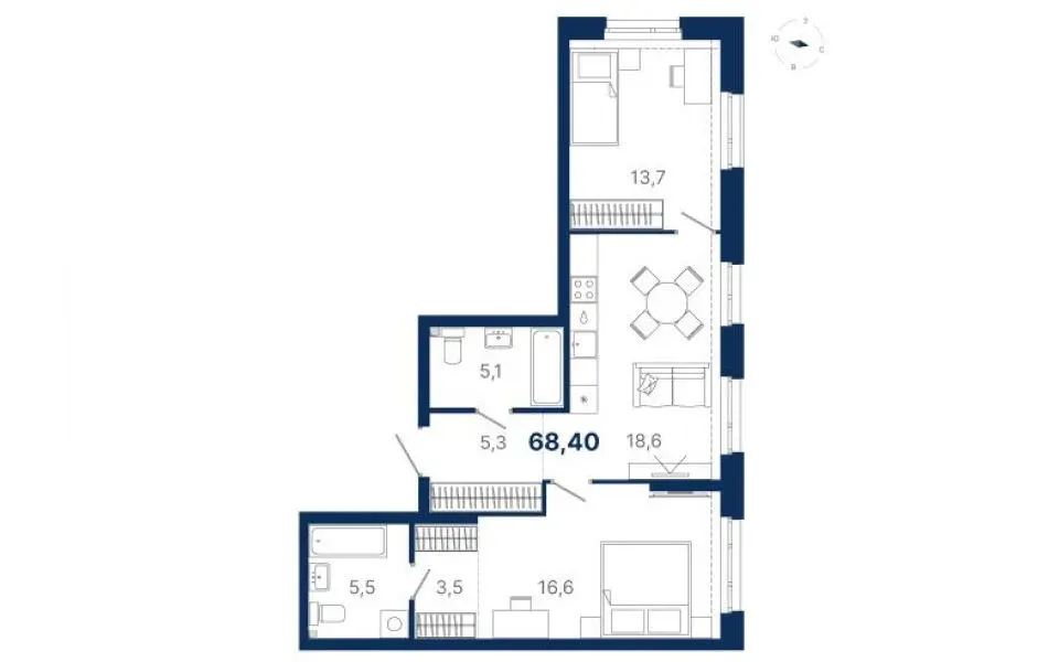 Планировка квартиры №1.2.9 в проекте Атлас Ауро Дом 1 2-комнатная 68.4 м² 2 этаж