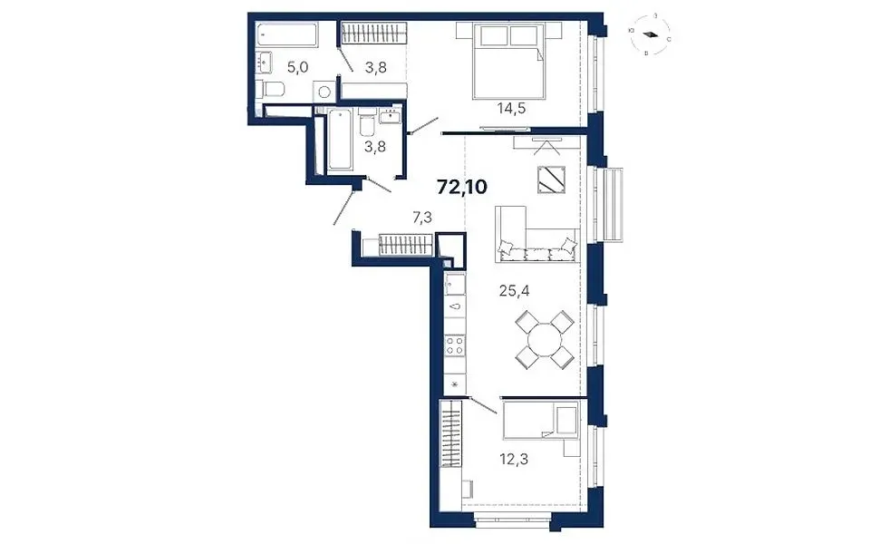 Планировка квартиры №1.3.1 в проекте Атлас Ауро Дом 1 2-комнатная 72.5 м² 3 этаж