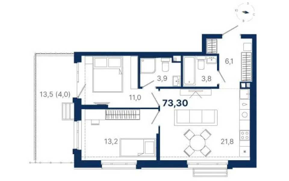 Планировка квартиры №2.3.4 в проекте Атлас Ауро Дом 2 2-комнатная 73.3 м² 3 этаж