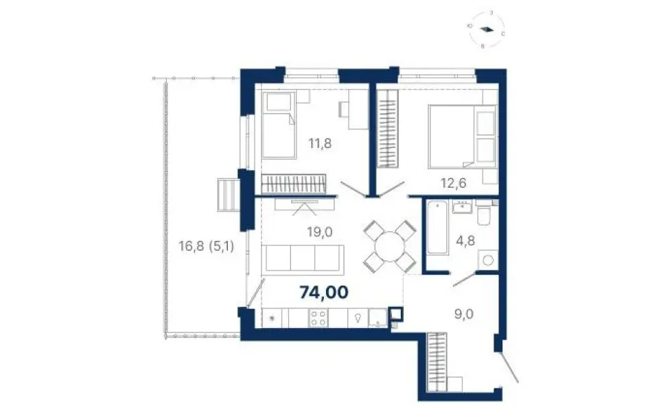Планировка квартиры №2.3.7 в проекте Атлас Ауро Дом 2 2-комнатная 74 м² 3 этаж