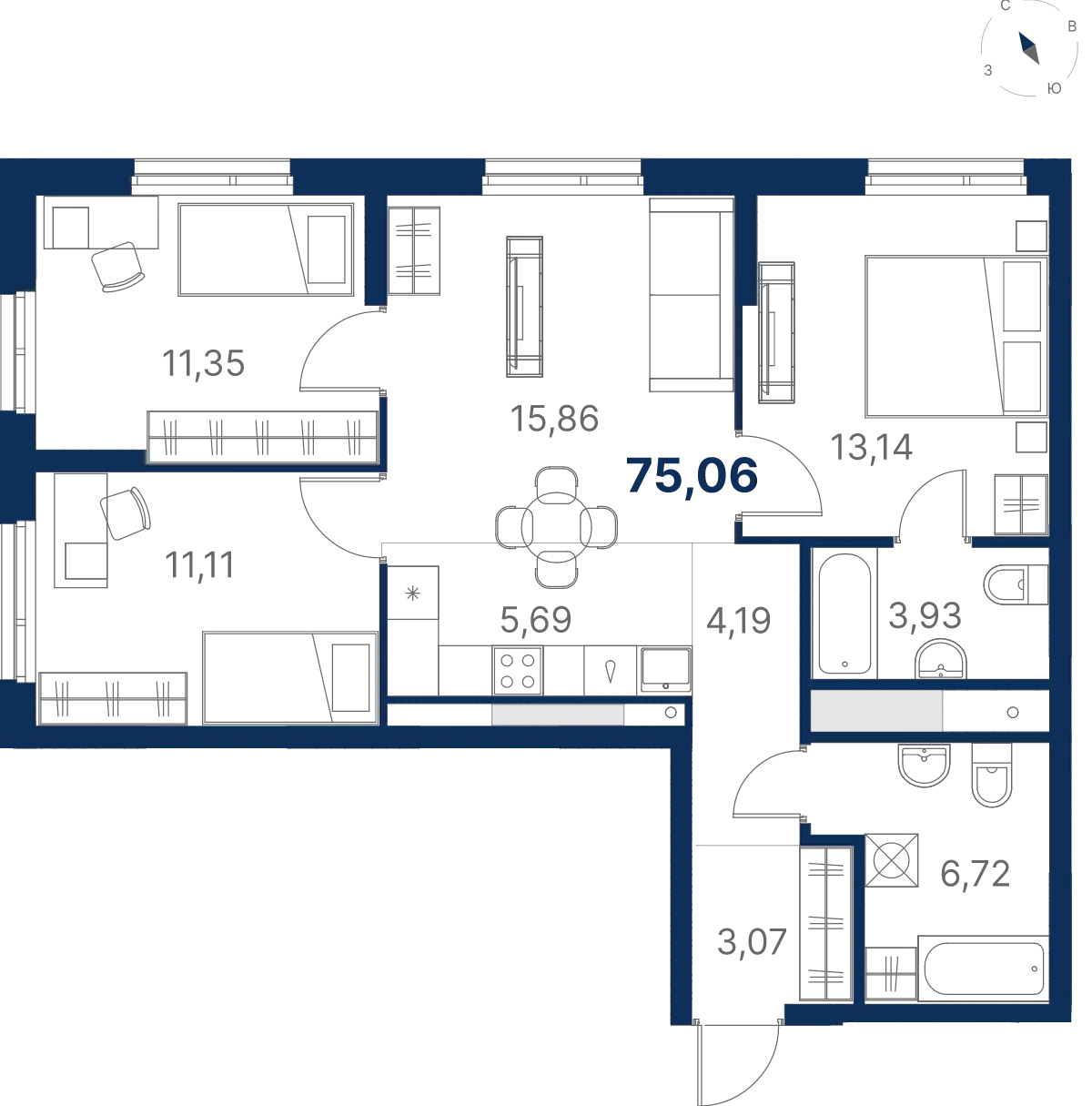 Планировка квартиры №3.9.13 в проекте Атлас Юник Дом 3 3-комнатная 75.06 м² 9 этаж
