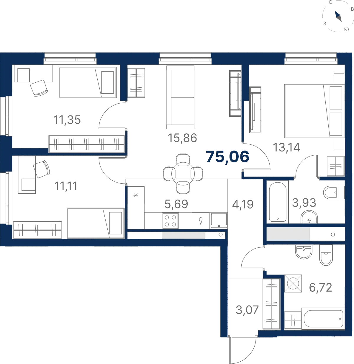 Планировка квартиры №3.26.13 в проекте Атлас Юник Дом 3 3-комнатная 75.06 м² 26 этаж