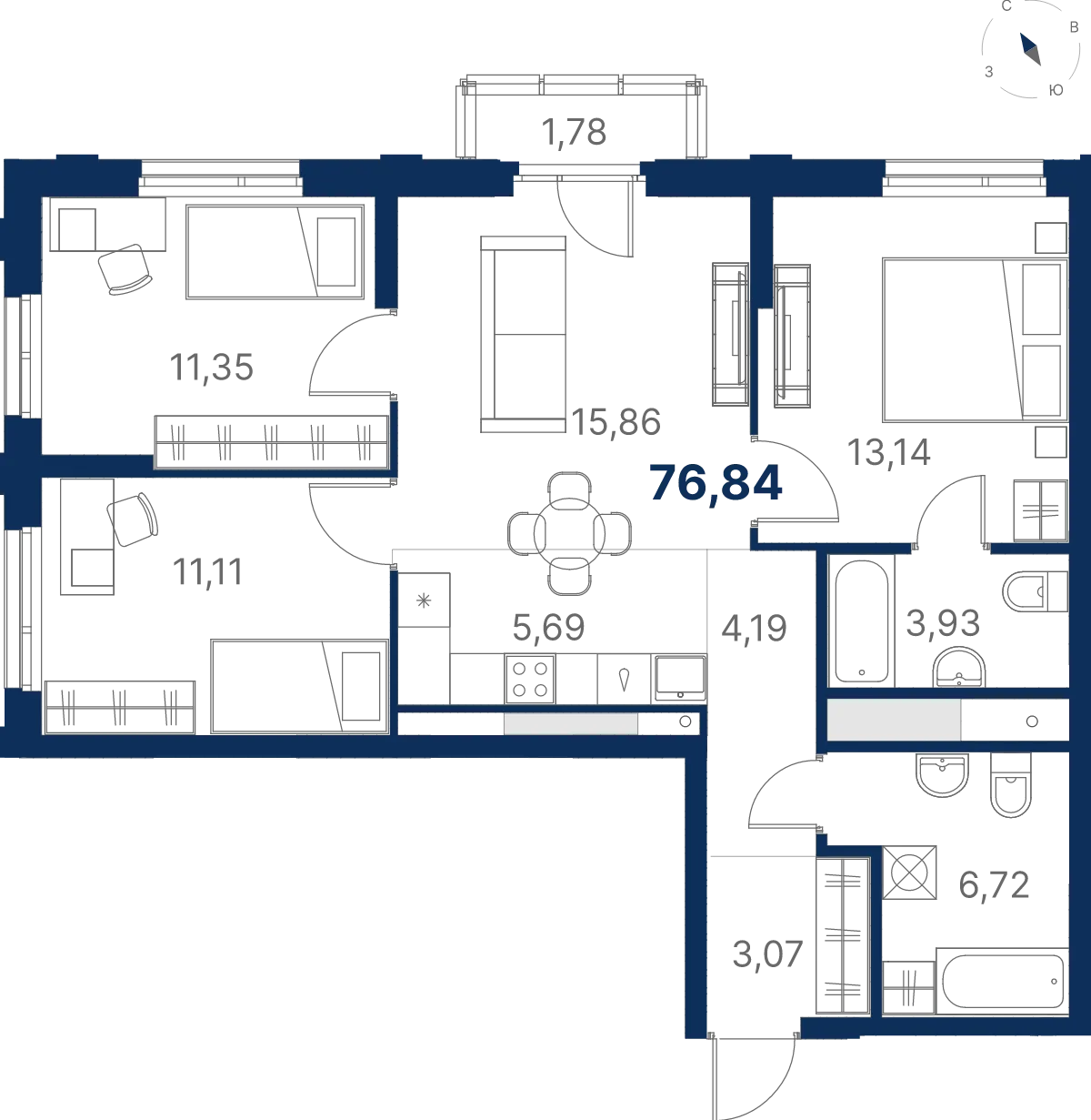Планировка квартиры №3.22.13 в проекте Атлас Юник Дом 3 3-комнатная 76.83 м² 22 этаж