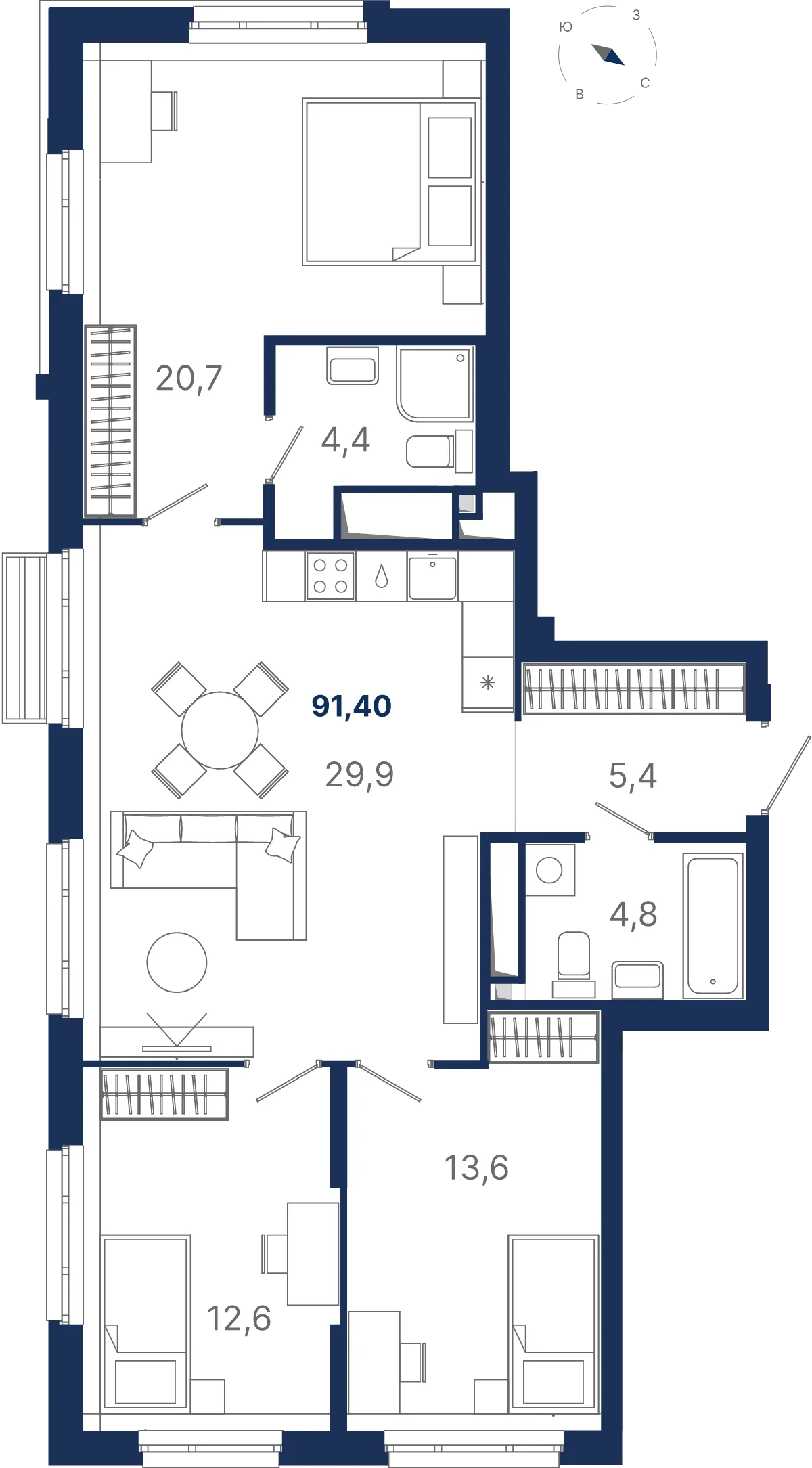 Планировка квартиры №3.20.8 в проекте Атлас Ауро Дом 3 3-комнатная 91.4 м² 20 этаж