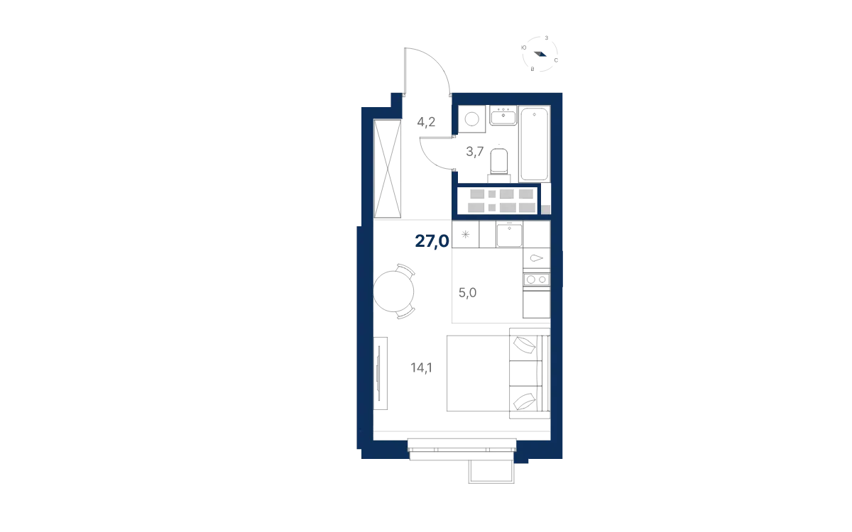 Планировка квартиры №С4.28.3 в проекте Атлас Ауро Дом 4 Студия 27 м² 28 этаж