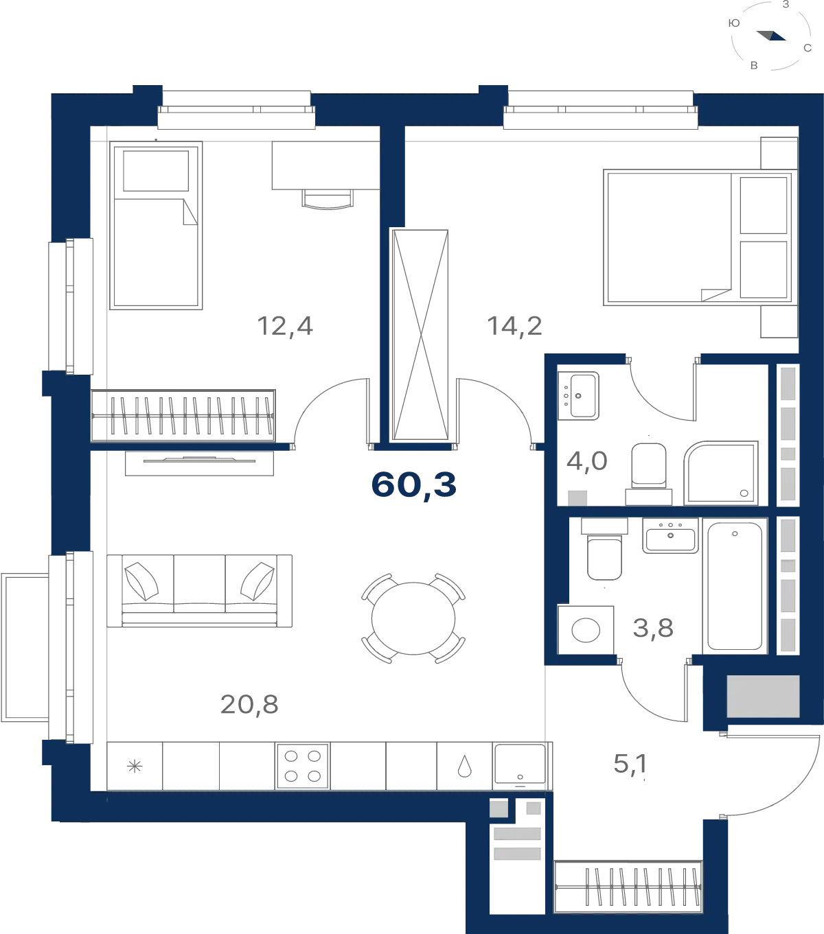 Планировка квартиры №С4.24.7 в проекте Атлас Ауро Дом 4 2-комнатная 60.3 м² 24 этаж