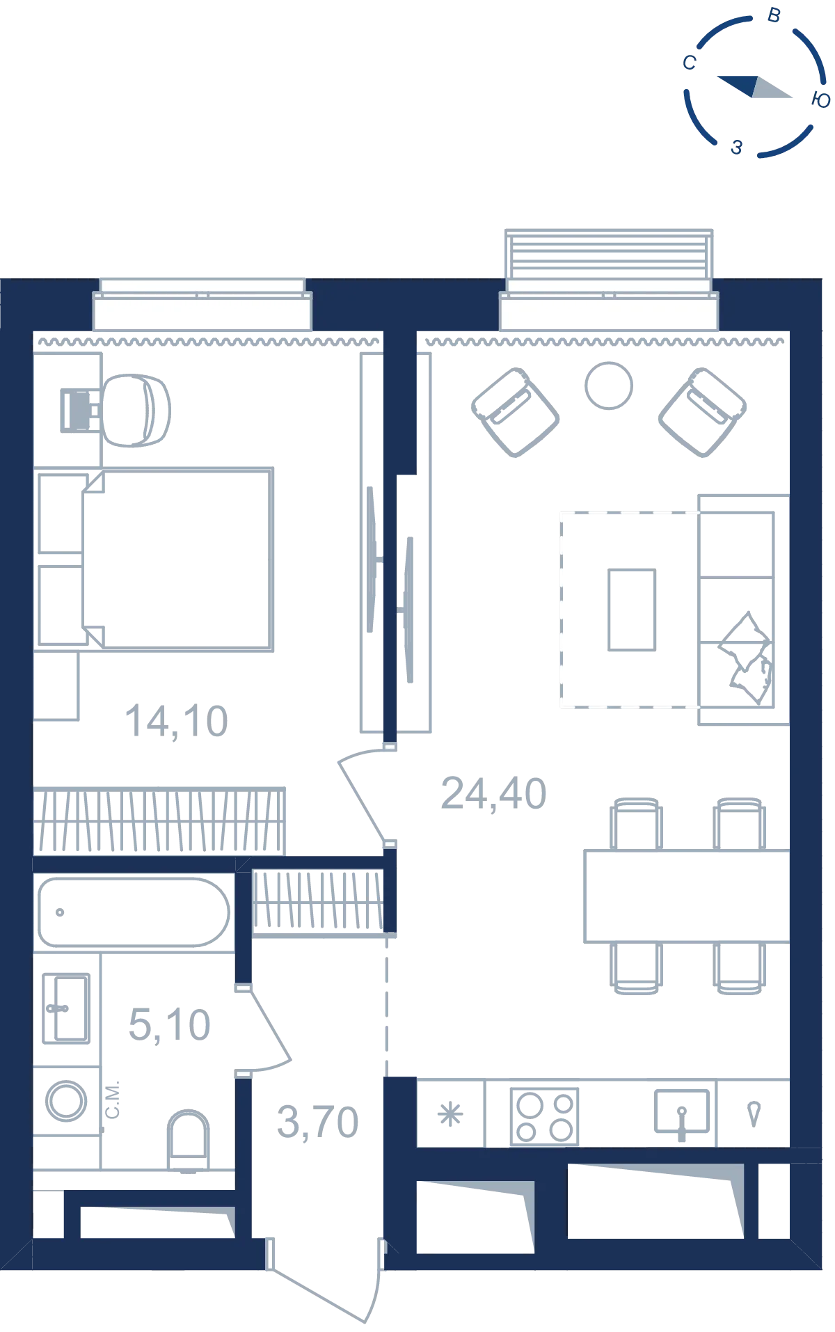 Планировка квартиры №С10.4.2 в проекте Парк столиц Сингапур 1-комнатная 47.3 м² 4 этаж