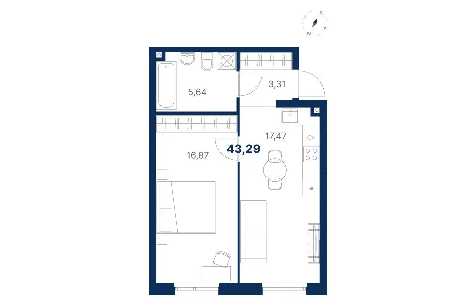 Планировка квартиры №1.1.4 в проекте Атлас Ривер Дом 1 1-комнатная 43.29 м² 1 этаж
