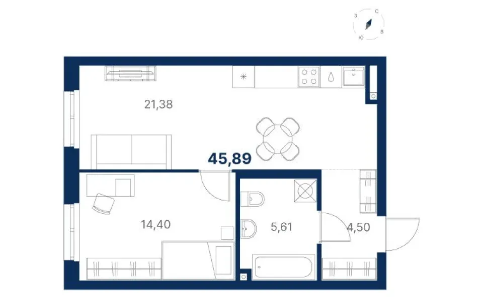 Планировка квартиры №1.1.8 в проекте Атлас Ривер Дом 1 1-комнатная 45.89 м² 1 этаж