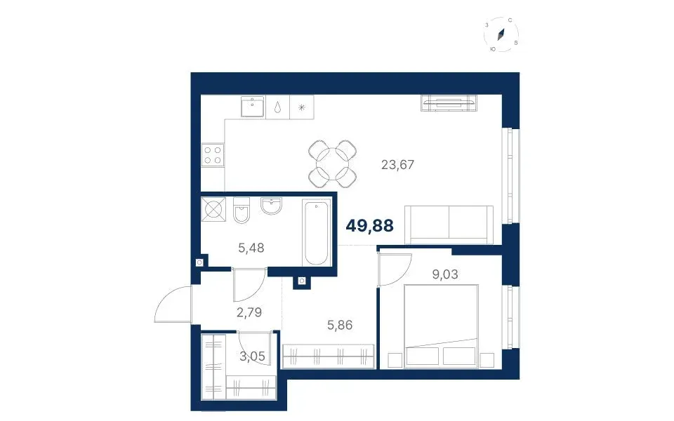 Планировка квартиры №1.1.1 в проекте Атлас Ривер Дом 1 1-комнатная 49.88 м² 1 этаж