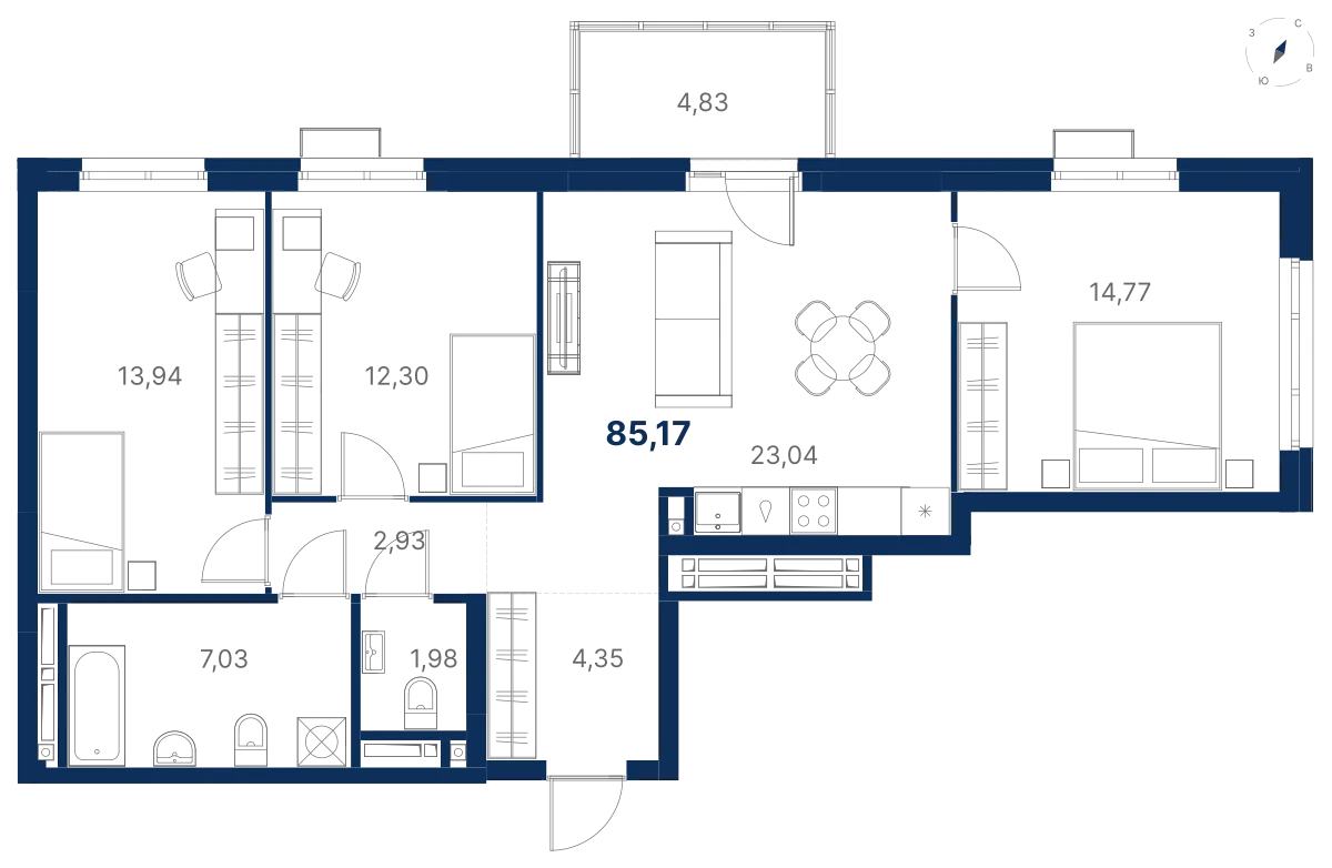 3-комнатная квартира 85.8 м² № 1.23.1