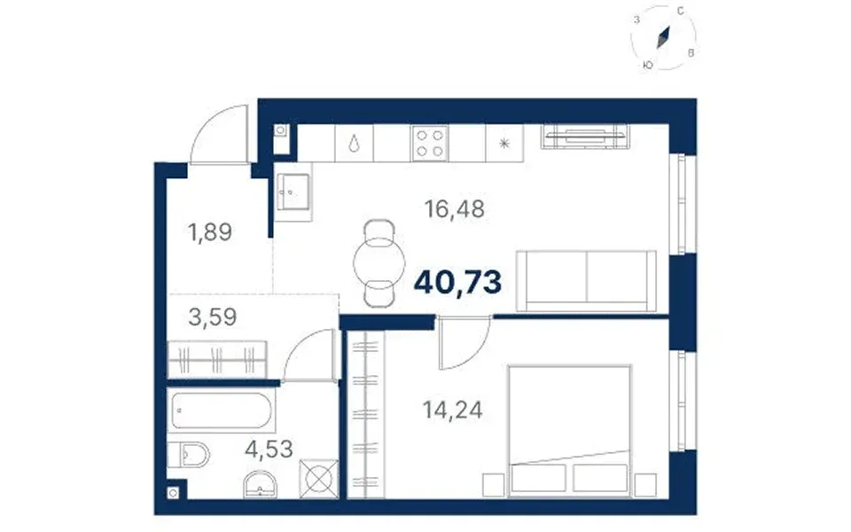 Планировка квартиры №2.1.1 в проекте Атлас Ривер Дом 2 1-комнатная 40.73 м² 1 этаж
