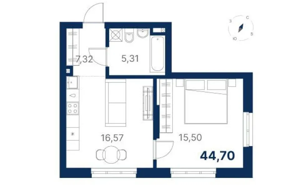 Планировка квартиры №3.1.1 в проекте Атлас Ривер Дом 3 1-комнатная 44.7 м² 1 этаж