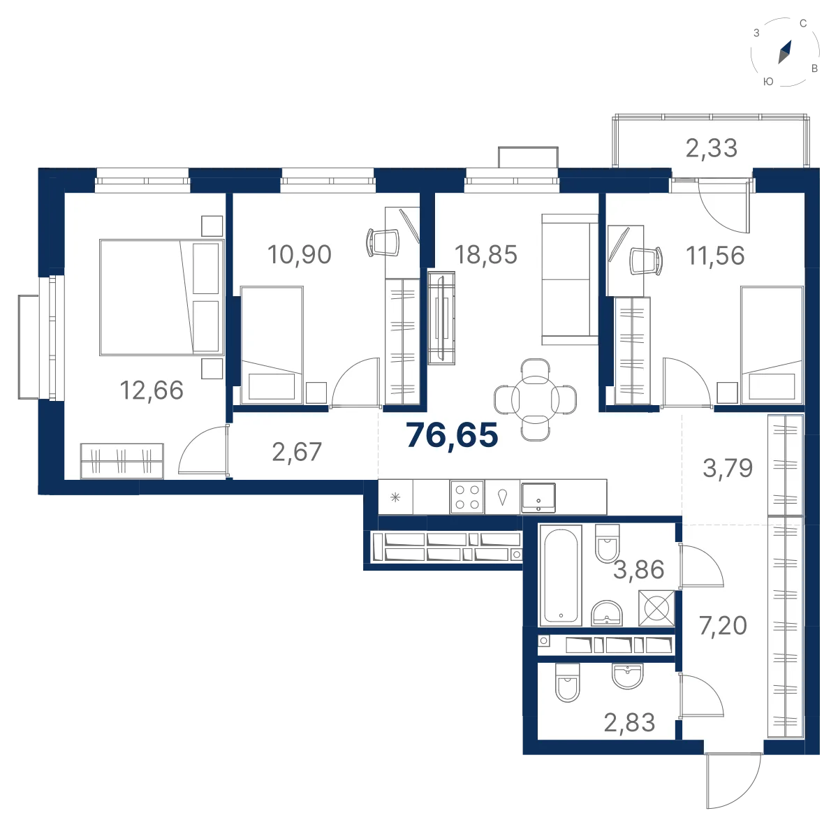 3-комнатная квартира 77.8 м² № 3.2.3