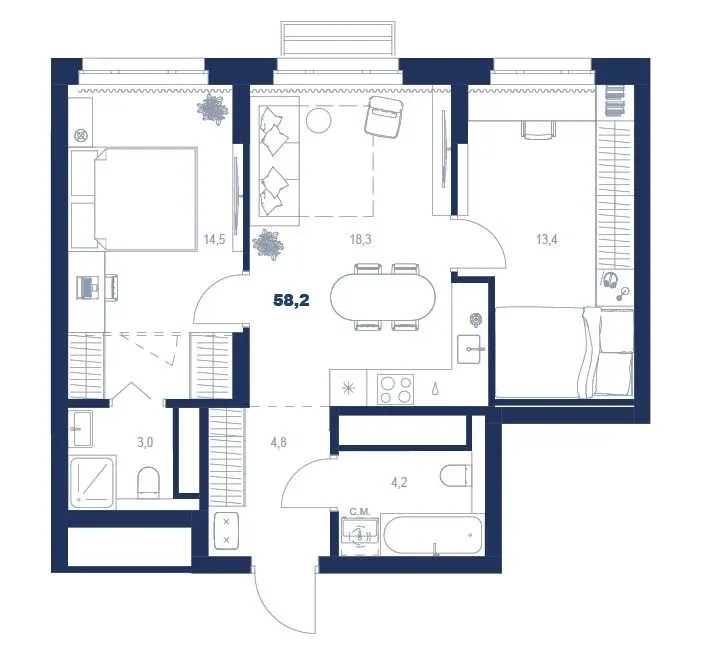 Планировка квартиры №С5.32.1 в проекте Атлас Ауро Дом 5 2-комнатная 58.2 м² 32 этаж