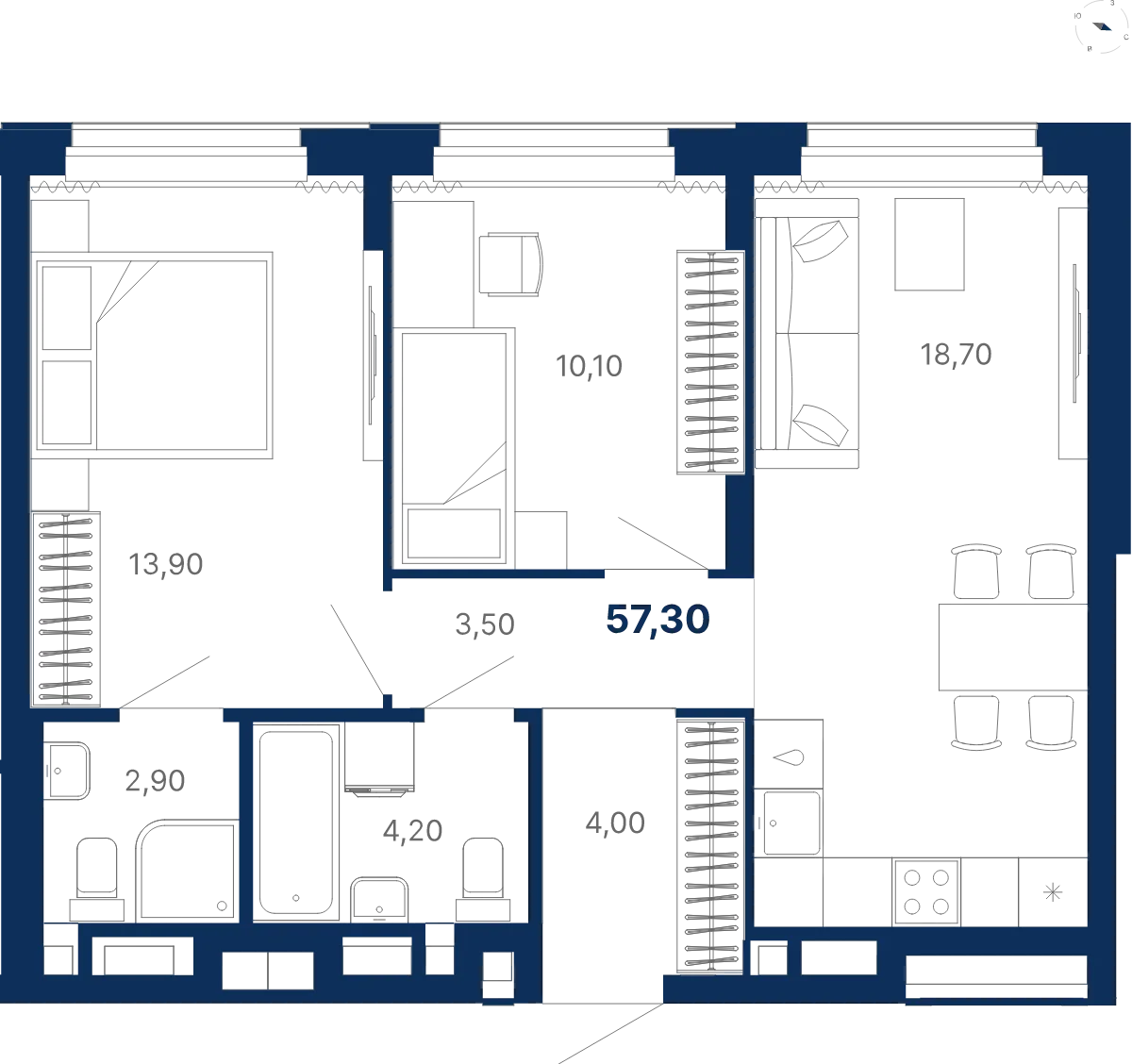 Планировка квартиры №С4.3.2 в проекте Атлас Лайн Дом 4 2-комнатная 57.3 м² 3 этаж