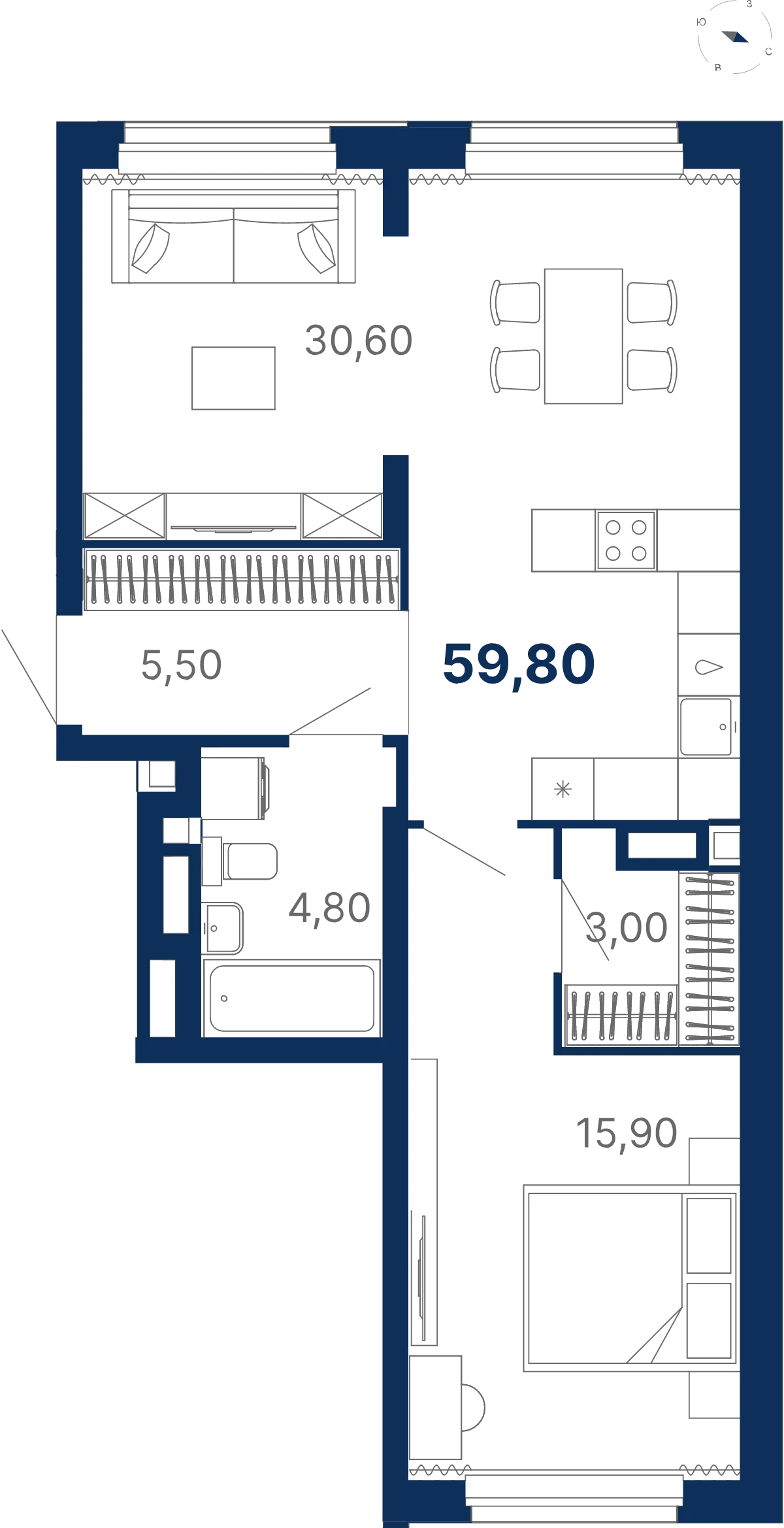 Планировка квартиры №С4.3.3 в проекте Атлас Лайн Дом 4 1-комнатная 59.8 м² 3 этаж