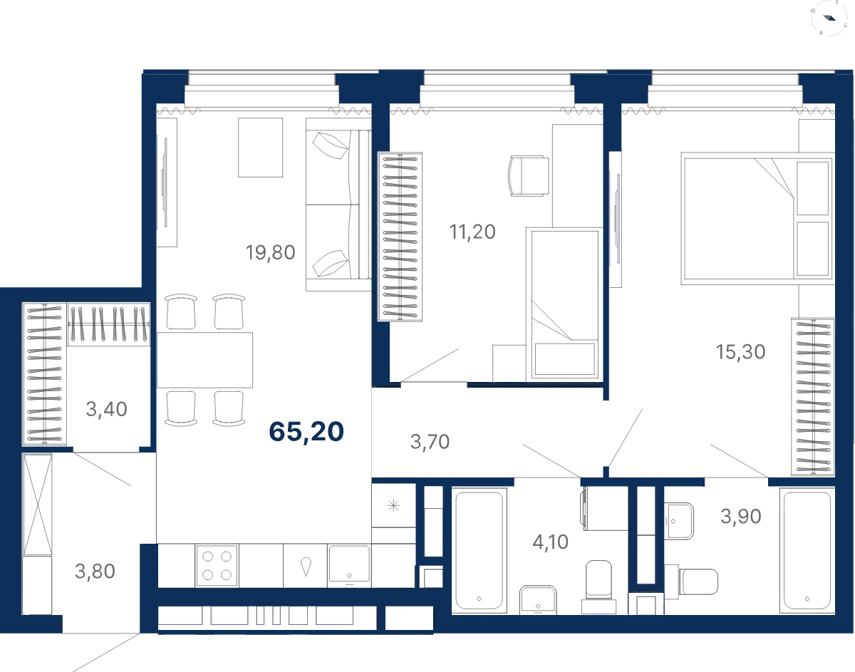 Планировка квартиры №С4.3.1 в проекте Атлас Лайн Дом 4 2-комнатная 65.2 м² 3 этаж
