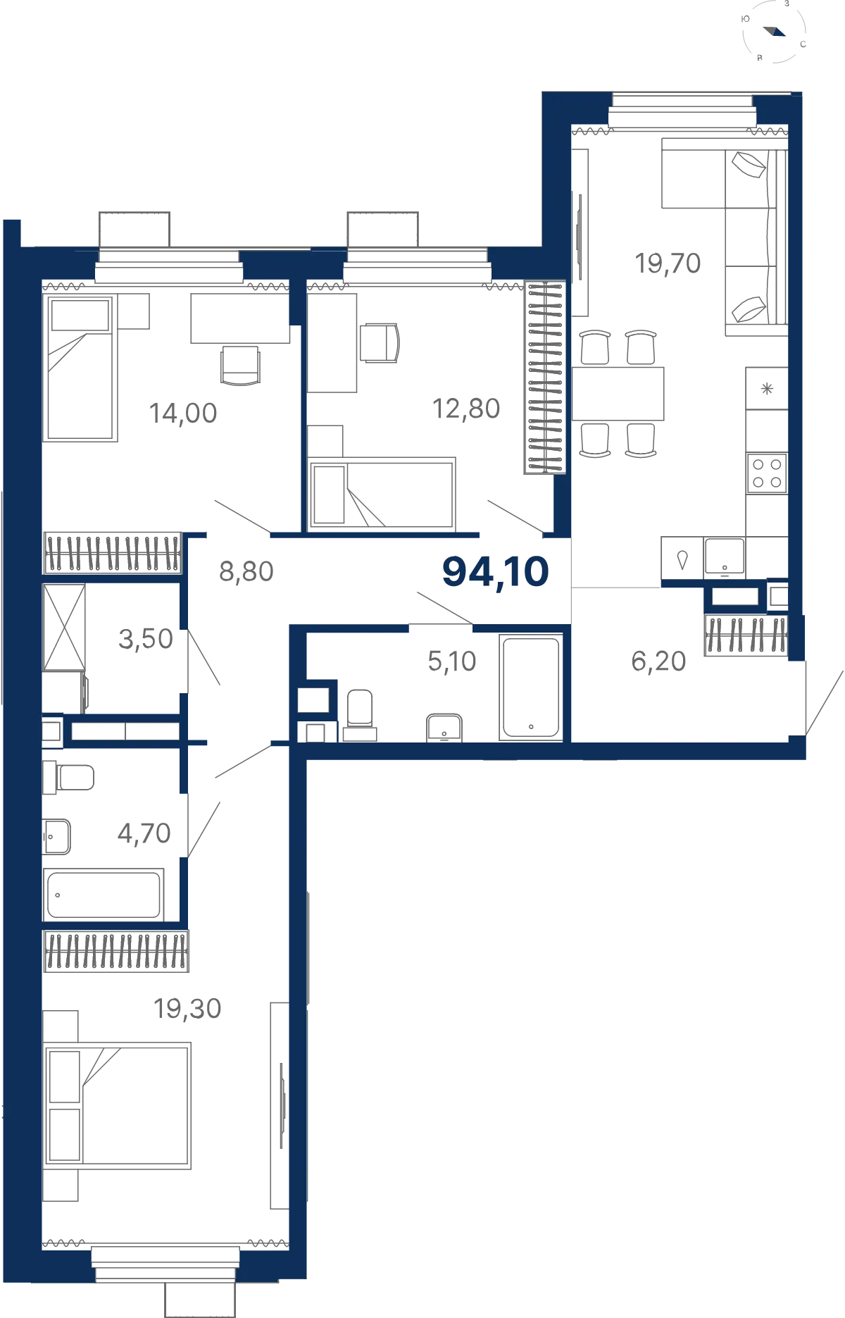 Планировка квартиры №С4.5.9 в проекте Атлас Лайн Дом 4 3-комнатная 94.1 м² 5 этаж