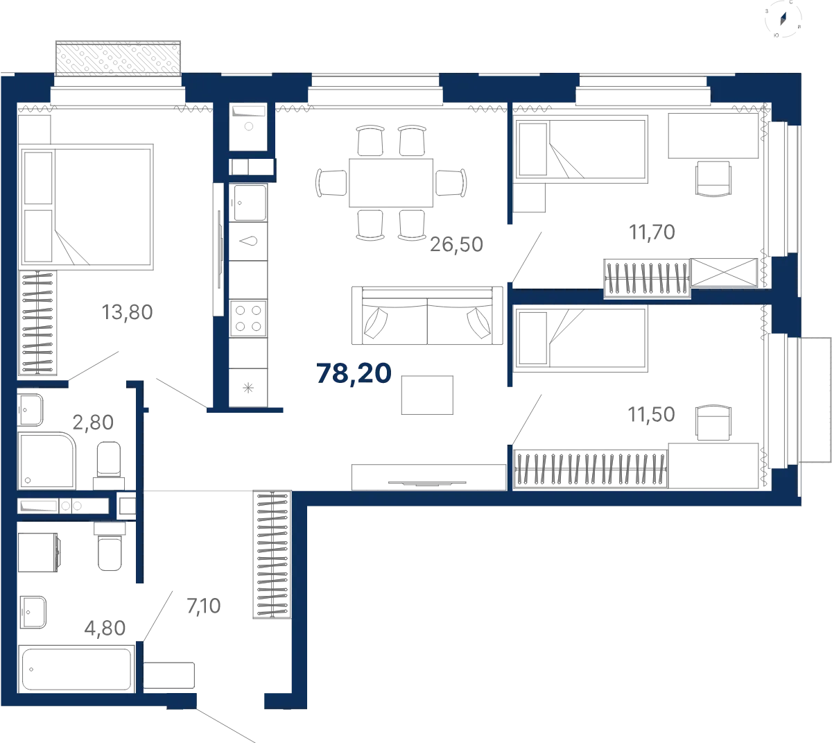 Планировка квартиры №С5.16.1 в проекте Атлас Лайн Дом 5 3-комнатная 78.2 м² 16 этаж