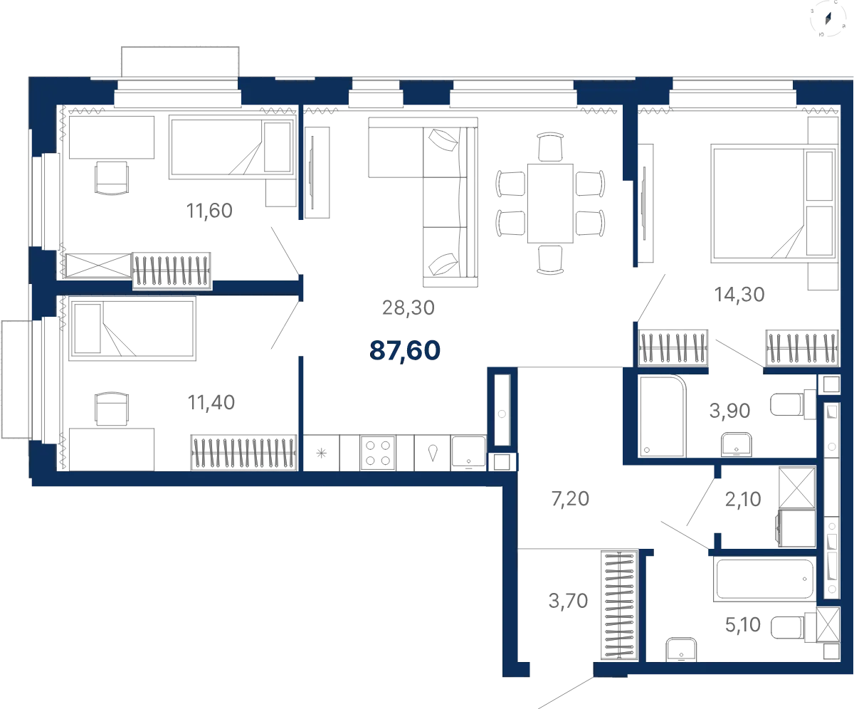 Планировка квартиры №С5.16.11 в проекте Атлас Лайн Дом 5 3-комнатная 87.6 м² 16 этаж
