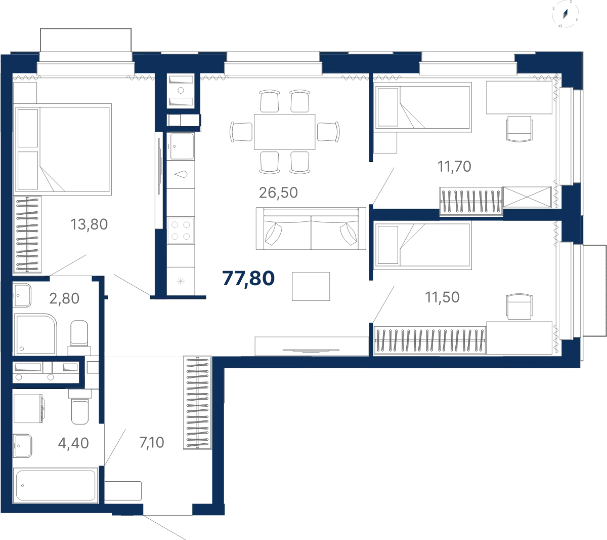 Планировка квартиры №С5.17.1 в проекте Атлас Лайн Дом 5 3-комнатная 77.8 м² 17 этаж