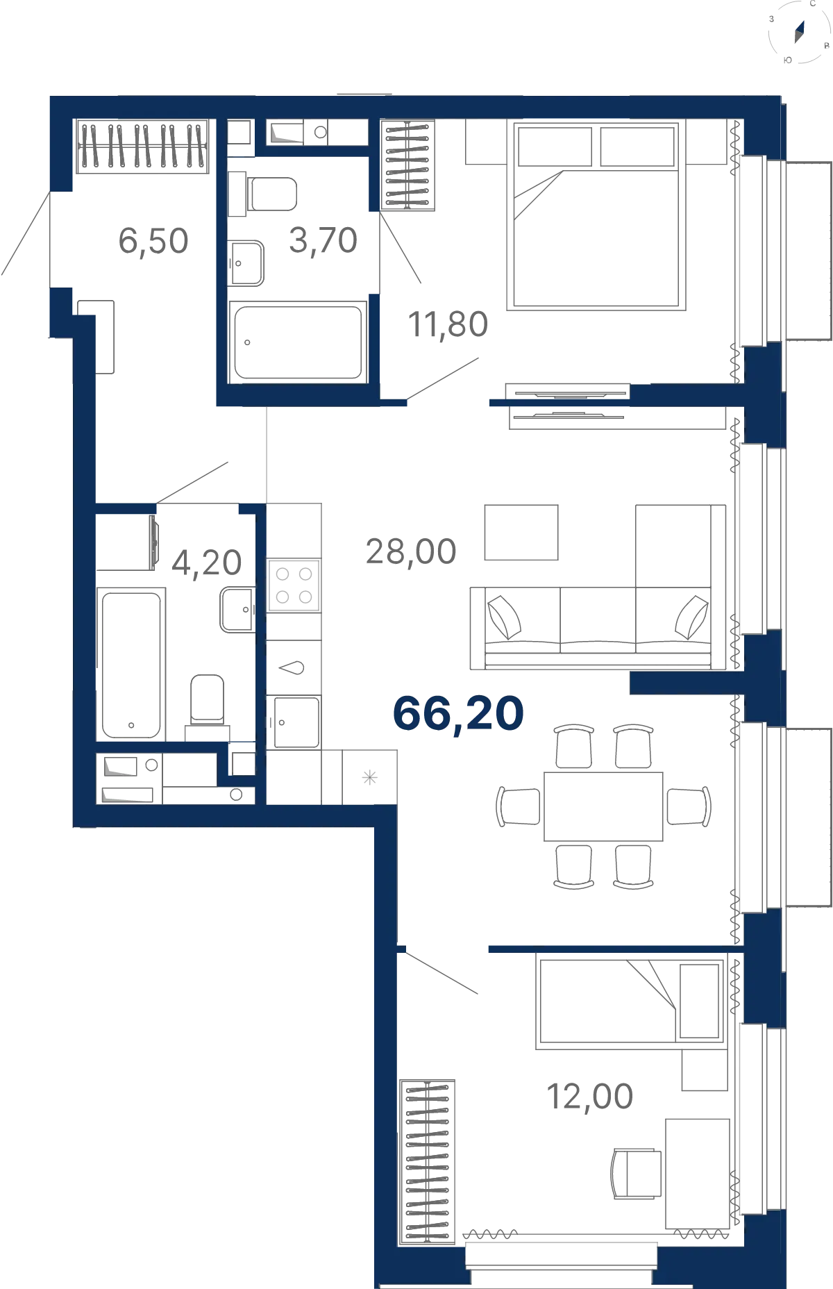 Планировка квартиры №С5.19.4 в проекте Атлас Лайн Дом 5 2-комнатная 66.2 м² 19 этаж