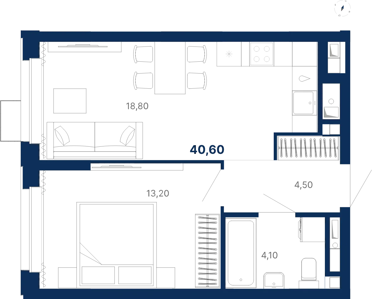 Планировка квартиры №С5.21.9 в проекте Атлас Лайн Дом 5 1-комнатная 40.6 м² 21 этаж