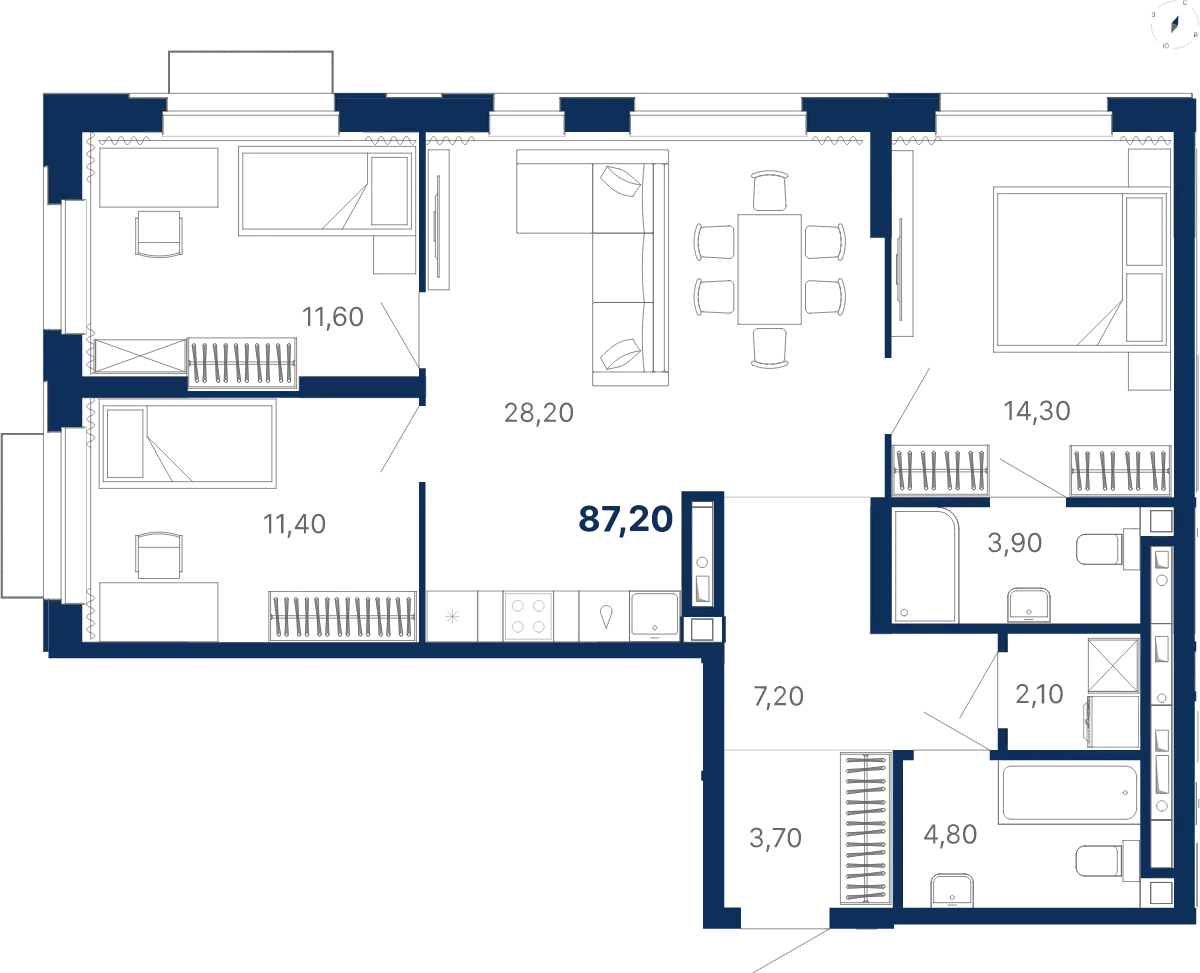 Планировка квартиры №С5.21.11 в проекте Атлас Лайн Дом 5 3-комнатная 87.2 м² 21 этаж